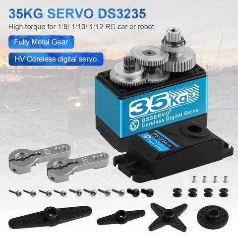 Beefy 35Kg Torque RC Servo With Waterproof Digital Full Metal Gear Steering, 25T Double Locking Horn Included, parts displayed