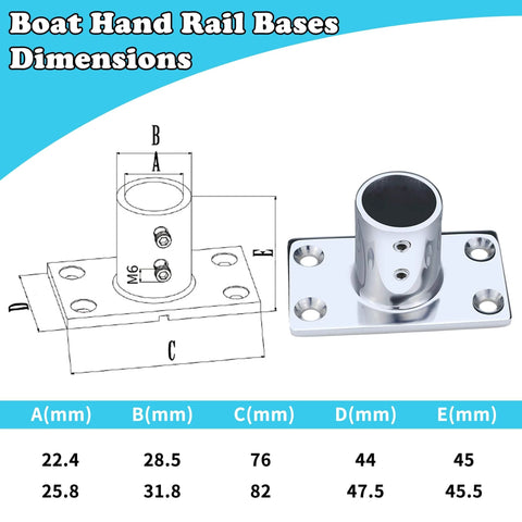 Diagram and image of Beefy Heavy Duty Marine Grade 316 Stainless Steel Hand Rail Bases For Seven Eighths And One Inch Tubes With 90 Degree Rectangular Fittings Saltwater Ready Corrosion Resistant Installation Hardware Included Durable Boat Fittings.