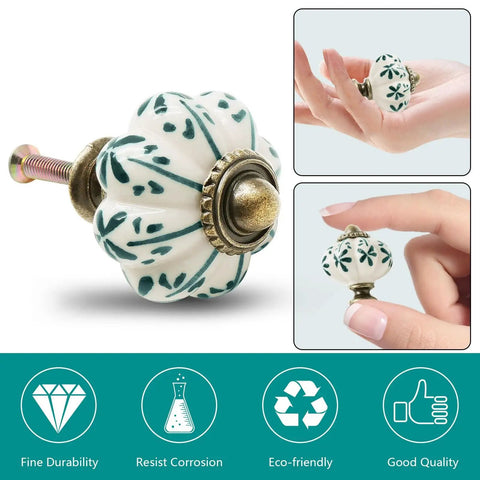 Ivory Pumpkin Ceramic Cabinet Knob with Vintage Leaf Pattern shown with mounting screw for Dresser Cabinet Door Replacements