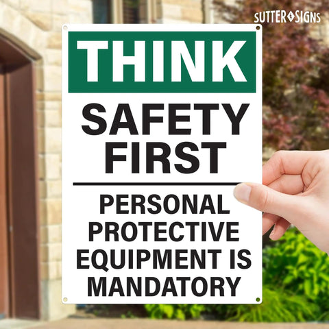 Person holding PPE Required Workplace Sign 10x14 Inch Rust Free Aluminum Durable Industrial Safety Sign With Pre Drilled Holes