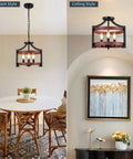 Convertible Three Light Farmhouse Chandelier with pendant or semi flush mount, in rustic black metal and walnut wood finish, in dining room.