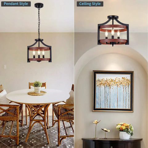 Convertible Three Light Farmhouse Chandelier with pendant or semi flush mount, in rustic black metal and walnut wood finish, in dining room.