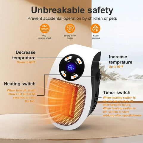 Smart Plug In Wall Space Heater 450W Portable Electric Heater with programmable thermostat and LED display on beige background.