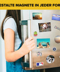 Person placing photo magnets on fridge using Self-Stick Magnetic Sheets 10-Pack With Extra Strong Adhesive For Photos, Labels, Magnets, And Whiteboards