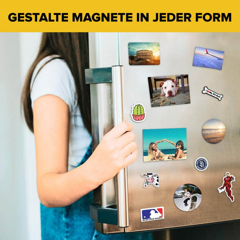 Person placing photo magnets on fridge using Self-Stick Magnetic Sheets 10-Pack With Extra Strong Adhesive For Photos, Labels, Magnets, And Whiteboards