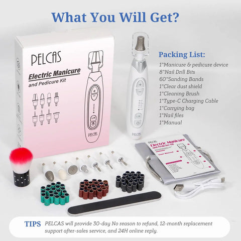 Pro Gear Electric Nail File Kit With Five Speed Settings And Bright Led Light, Includes Eight Drill Bits And Sixty Sanding Bands To Rapidly Strip Gel Polish, Knock Out Stubborn Calluses, And Drop Salon Grade Manicures Daily, packed with accessories.