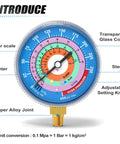 Refrigeration Pressure Gauge For AC Systems, Pro Grade 1/8 Inch NPT, 30 In Hg To 250 Psi, 2.75 Inch Dial with blue face, labeled features