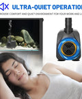 Ultra Quiet Submersible Water Pump 400GPH 1500L/H 25W with overheat protection in aquarium, woman sleeping.