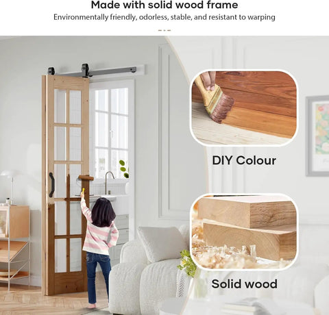 Double 15X84 Inch Spruce Wood Bifold French Glass Door With Smooth Barn Style Slider And Full Hardware Track Kit in a room with a child painting.