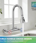 HURRAN Wall Mount Kitchen Faucet with Pull Down Sprayer, Brushed Nickel Kitchen Sink Faucet, 8 Inch 2 Handle in use with flowing water.