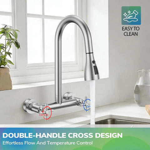 HURRAN Wall Mount Kitchen Faucet with Pull Down Sprayer, Brushed Nickel Kitchen Sink Faucet, 8 Inch 2 Handle in use with flowing water.