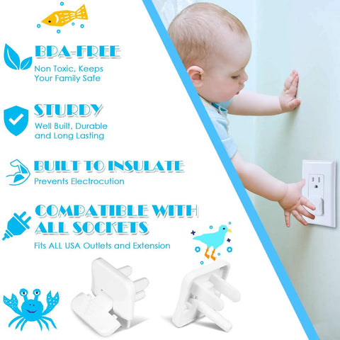 Outlet Covers 38 Pack White Kid Proof Electrical Plug Covers For Baby Safety And Home Protection shown with baby and features