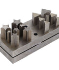 Punch Die Set For Metal Forming With Assorted Shapes And Disc Cutter Capabilities For Jewelry Making Projects Brass Gaskets Leather Sheets And Other Metal Craft Designs Ideal For Pros And Hobbyists featuring multiple star and triangle dies on a steel base.