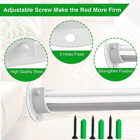 Heavy Duty White Closet Rod Brackets Built Different Stainless Steel U Shaped Wall Mount Sockets with adjustable screws and fixing details.