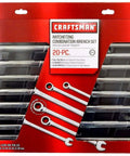 20 Piece Ratcheting Wrench Set Inch And Metric Sizes in package, includes combination wrenches with five degree sweep for home repairs