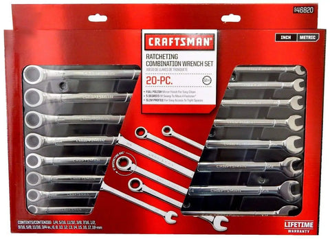 20 Piece Ratcheting Wrench Set Inch And Metric Sizes in package, includes combination wrenches with five degree sweep for home repairs