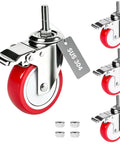 4 Inch Heavy Duty Stainless Steel Caster Wheels With Polyurethane Tread And Swivel Brake Half Inch 13 Thread By One Point Five Inch Stem close-up view with red tread.