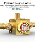 Brushed Gold Three Way Shower Set pressure balance valve with 500,000 tests label, durable brass body, modern square design