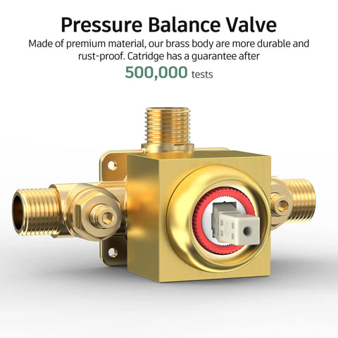 Brushed Gold Three Way Shower Set pressure balance valve with 500,000 tests label, durable brass body, modern square design