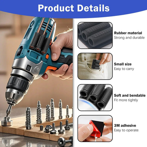 Four Pack Drill Bit Holder Tool Holster for Impact Drivers and Drills with adhesive and easy access design, showing product details.