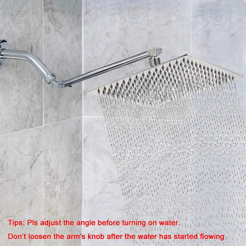 12 Inch Stainless Steel Rain Shower Head With 11 Inch Adjustable Brass Arm High Flow Rainfall Square Head in chrome finish