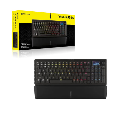 96 Percent Compact Mechanical Gaming Keyboard With Smooth Linear Switches That Hit Different Combined With A Built In LCD Stream Deck Rotary Knob And Dedicated Macro Buttons For Players Who Mean Business On The Battlefield on a sleek black background with RGB lighting.