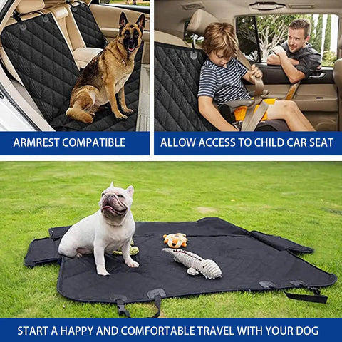 Waterproof Dog Car Seat Cover For Back Seat Universal Nonslip Protector with armrest compatibility and child seat access, shown with a dog and child.