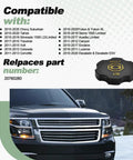 Image showing compatible Chevy models list with Dot3 Brake Master Cylinder Reservoir Cap and Chevy SUV front view.