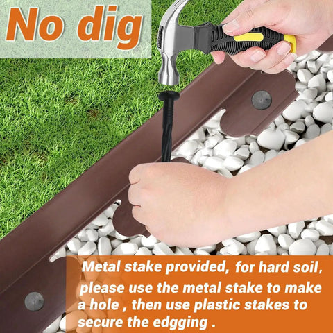 Installing 66 Feet Brown Lawn Edging Kit With 120 Spikes For Landscape And Garden Borders with hammer and metal stake