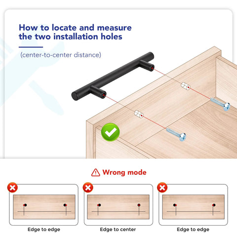 Diagram showing installation guide for Matte Black Cabinet Handles 5 Inch Overall Length With 3 Inch Hole Centers 76 Mm Cabinet Pulls.