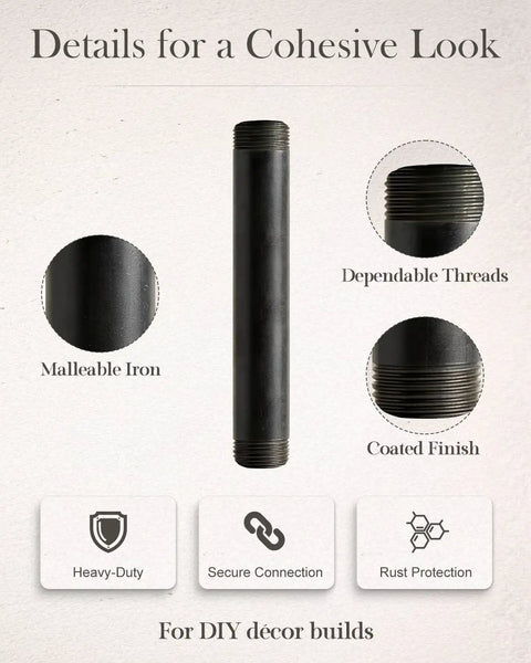 Ten Pack Three Quarter Inch By Six Inch Black Malleable Iron Pipe Nipples With Threads On Both Ends For DIY Projects