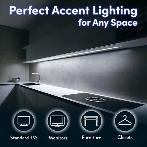 Modern kitchen with ambient lighting, showcasing Dope Ambient TV Bias Lighting LED Backlight Strip for 41 to 59 Inch TVs functionalities.