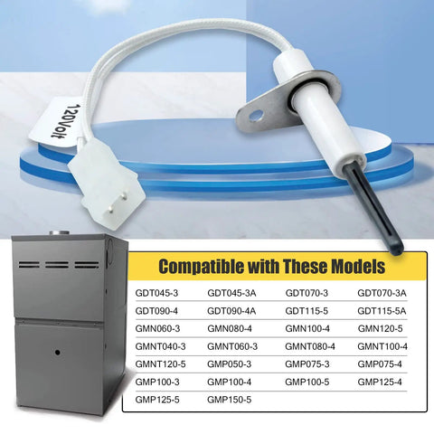 Upgraded Furnace Hot Surface Igniter 120V Nitride Replaces 201657-03 list of compatible models and image of furnace 601TB-1142