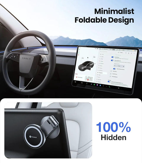 Tesla Phone Mount With Ultra Strong Magnet Power Foldable Hidden Car Holder for MagSafe, fits Model 3 and Y, shown installed.