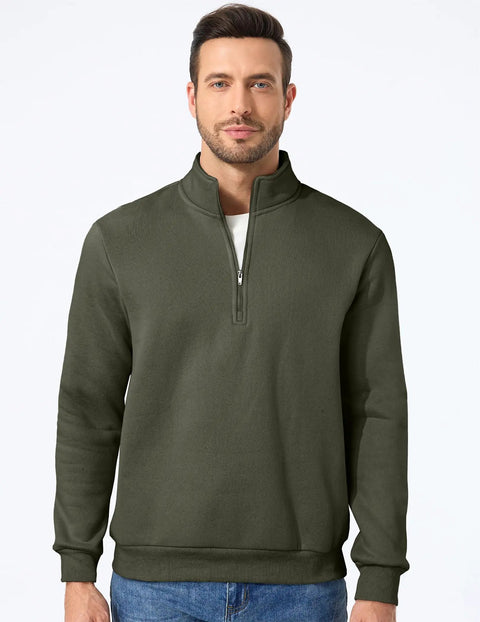 Mens Quarter Zip Fleece Pullover Mock Neck Sweatshirt Regular Fit Long Sleeve Outdoor Knit Top In Moss Green Cozy Warmth