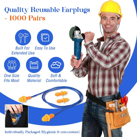 Straight Up Noise Dampening Earplugs Bulk Pack Of One Thousand Corded Silicone Picks With Attached Strings And A Trusted Twenty Five Decibel Rating For Easy Living Reusable Chill Vibes In Bright Blue And Orange Colors with construction worker.