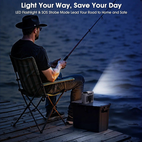 Man fishing at night with LED flashlight and Rechargeable Wearable Waist Clip Fan With Light For All Day Cool Outdoor Jobs.