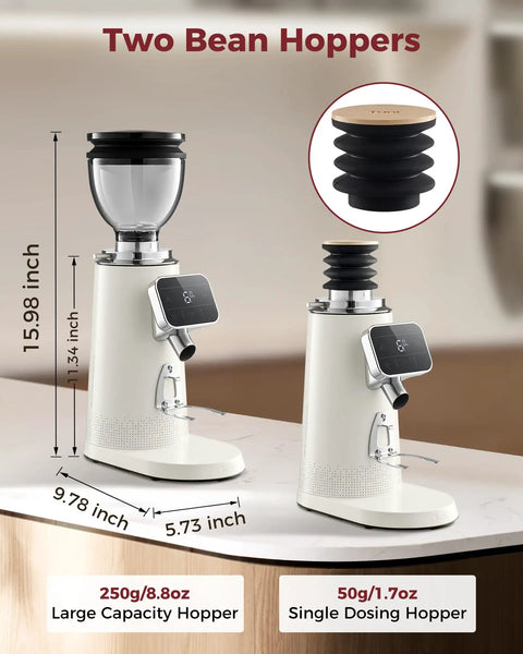 Tuni G3 Commercial Espresso Coffee Grinder With 64mm Flat Burrs, Stainless Steel Conical Mill, two distinct bean hoppers on display.