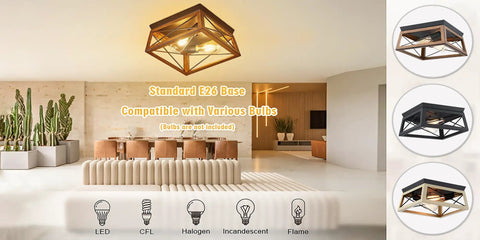 Industrial Square Flush Mount Ceiling Light For Porch Kitchen Hallway And Entry Modern Black Rustic 2 Light Fixture Built To Last Weatherproof Matte Metal Indoor Outdoor Ready No Fuss Design displayed in modern living space highlighting bulb compatibility options