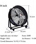 24 Inch Straight Up Heavy Duty Industrial Electric Floor Fan Rolling On Caster Wheels For Built Like A Tank Durability And Kickin Up Major Workshop Warehouse Cooling Performance, black metal design with dimensions.
