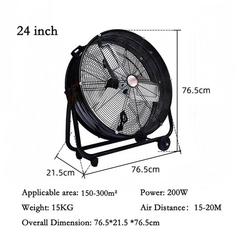 24 Inch Straight Up Heavy Duty Industrial Electric Floor Fan Rolling On Caster Wheels For Built Like A Tank Durability And Kickin Up Major Workshop Warehouse Cooling Performance, black metal design with dimensions.