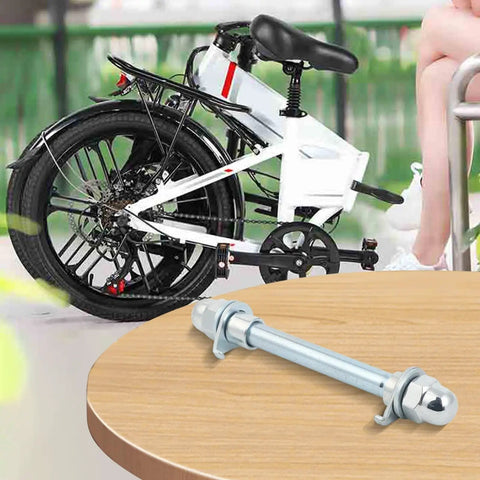 10mm Solid Steel Beefy Hub Axle for Electric Bikes next to folded white e-bike and black wheels