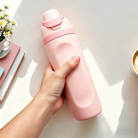 Hand holding pink Insulated Stainless Steel Water Bottle With Built-In Straw, Leak-Proof Seal, BPA-Free, Perfect For Sports And Travel.