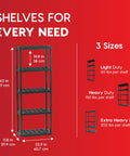 Super Slim 5 Tier Plastic Storage Shelves In Black With Zero Sweat Snap Together Build, showing height and dimensions.