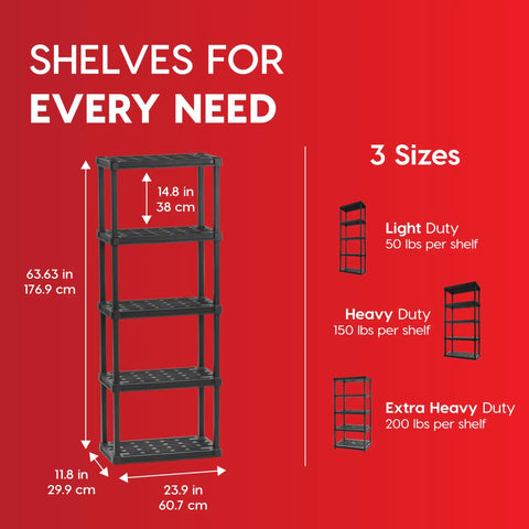 Super Slim 5 Tier Plastic Storage Shelves In Black With Zero Sweat Snap Together Build, showing height and dimensions.