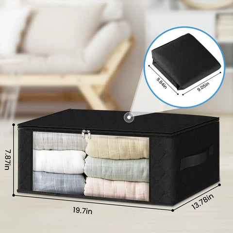 Three Pack Foldable Clothes Storage Bags With Large Clear Window And Sturdy Handles 35L Black For Closet Dorm Pillows Bedding Clothes And Blankets Great For Small Spaces showing dimensions and folded size