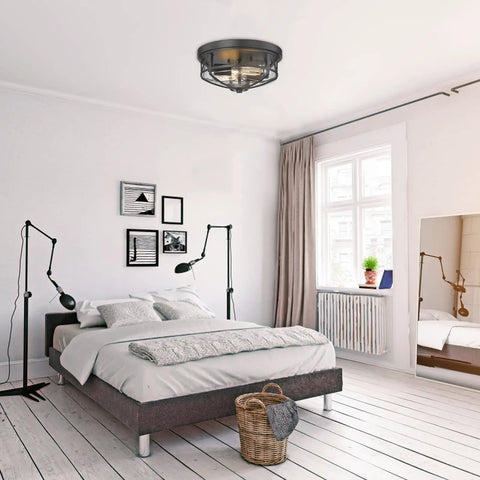 Dope Flush Mount Ceiling Light Fixtures For Indoor Outdoor Use With Glass Shade 2 Light E26 Aluminum Black Round Frame in modern bedroom