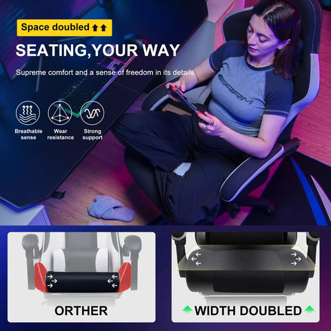 Person seated in Ergonomic Gaming Chair With Pocket Spring Cushion, using linkage armrests and reading, emphasizing comfort.