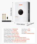 Heavy Lifting 6400W 48V Hybrid Solar Inverter With Built In 120A MPPT Charge Controller displayed with technical specs and installation materials.