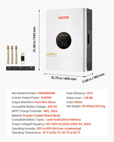Heavy Lifting 6400W 48V Hybrid Solar Inverter With Built In 120A MPPT Charge Controller displayed with technical specs and installation materials.